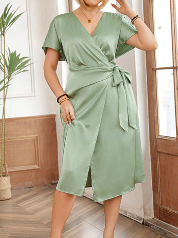 Plus Size Solid Color Cross Wrap Short Sleeve Elegant Summer Dress