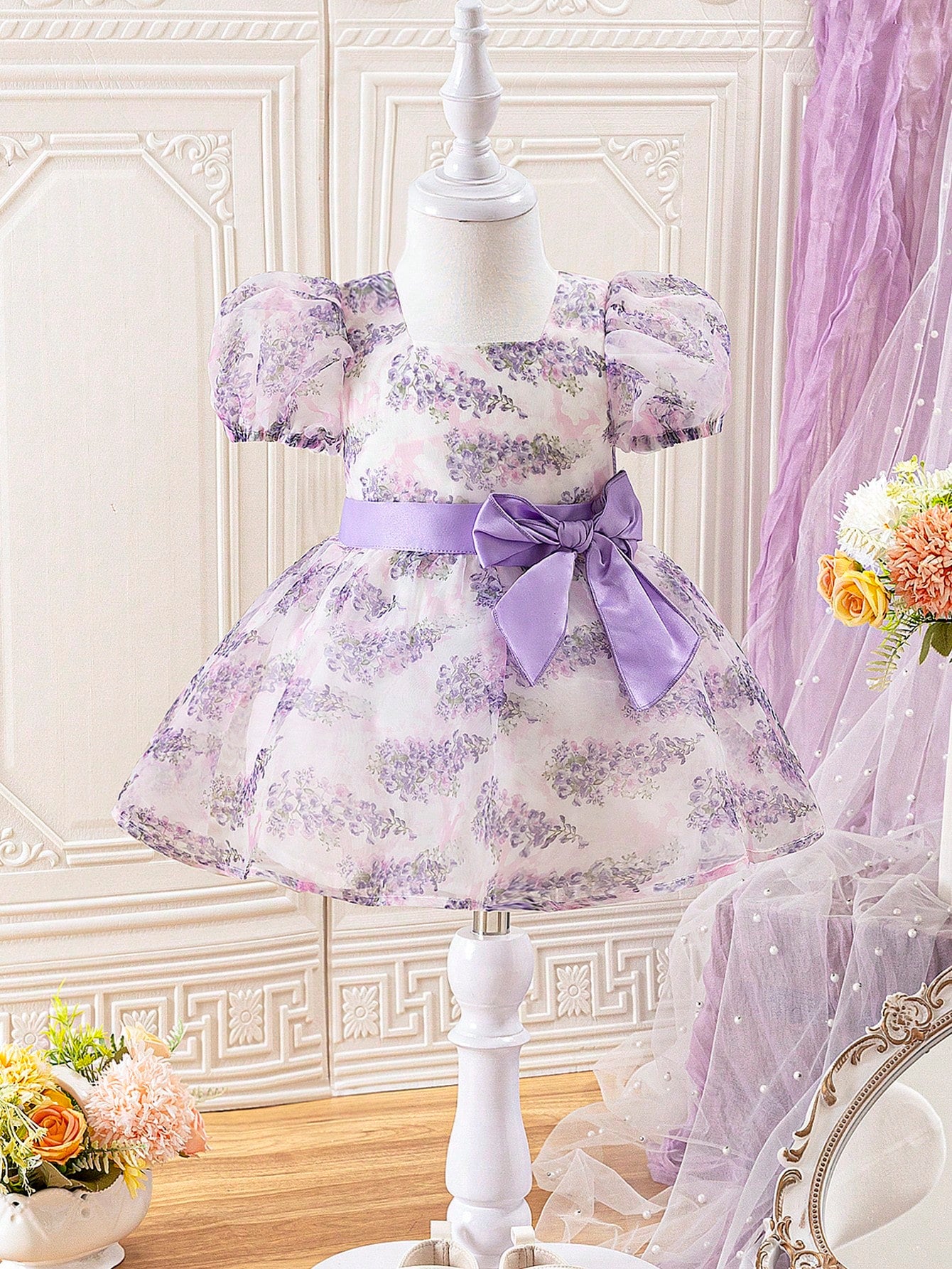 Baby Girl Elegant Organza Floral Print Patchwork Bubble Short Sleeve Dress With Lining For Summer