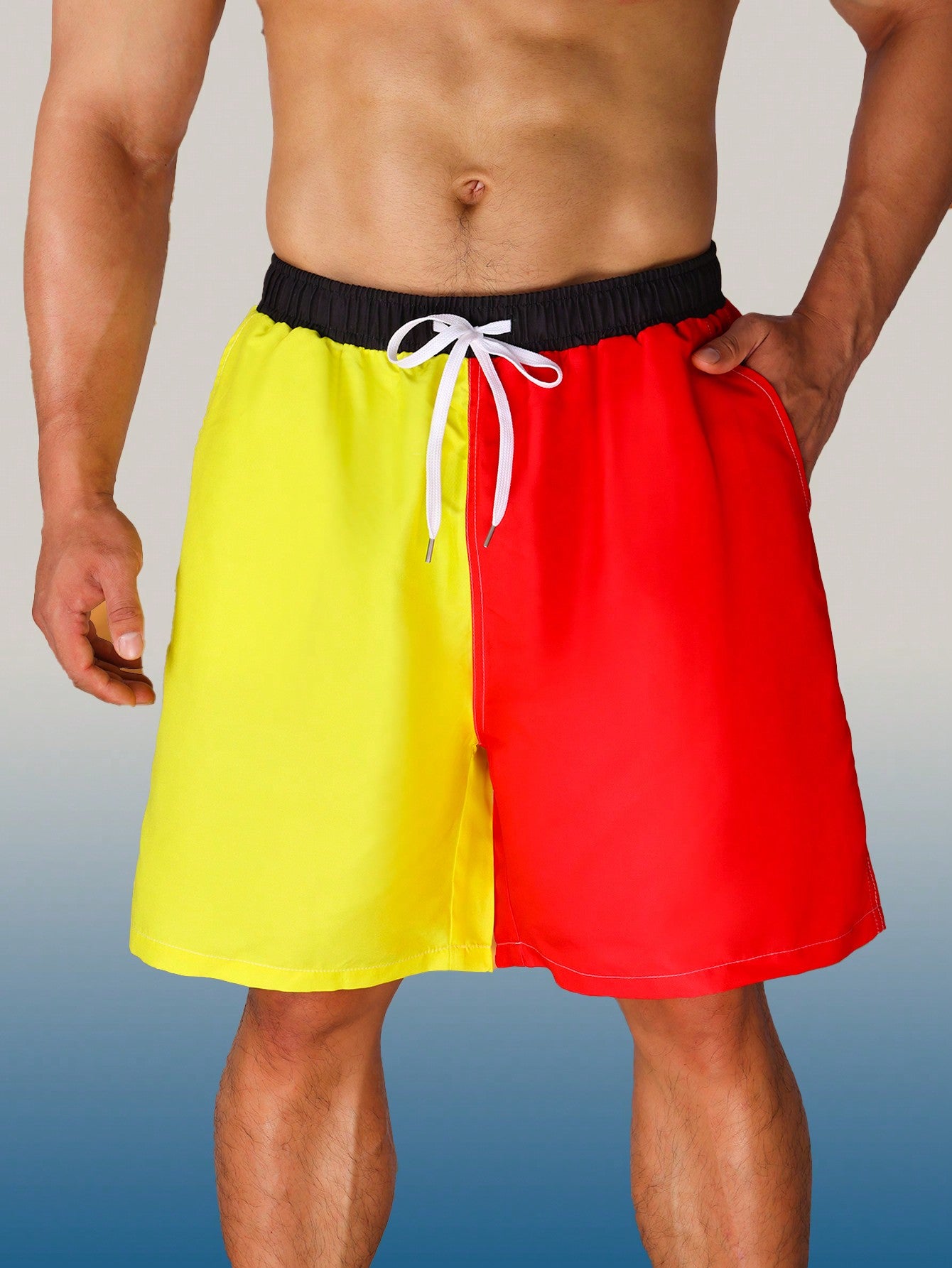 Men's Color Block Drawstring Shorts With Pockets, Summer Casual Beach Shorts