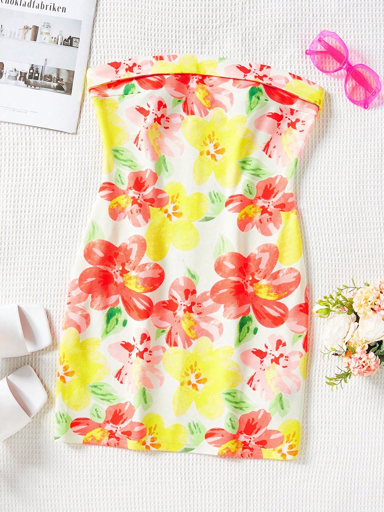 Women's Summer Holiday Strapless Allover Print Dress With Floral Pattern