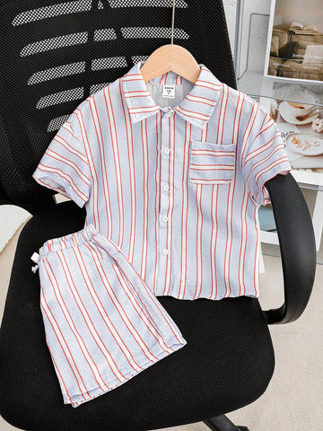 2pcs Young Boys' Color Blocking Striped Short Sleeve Polo Shirt And Shorts Set For Vacation, Party, School And Home, Spring And Summer