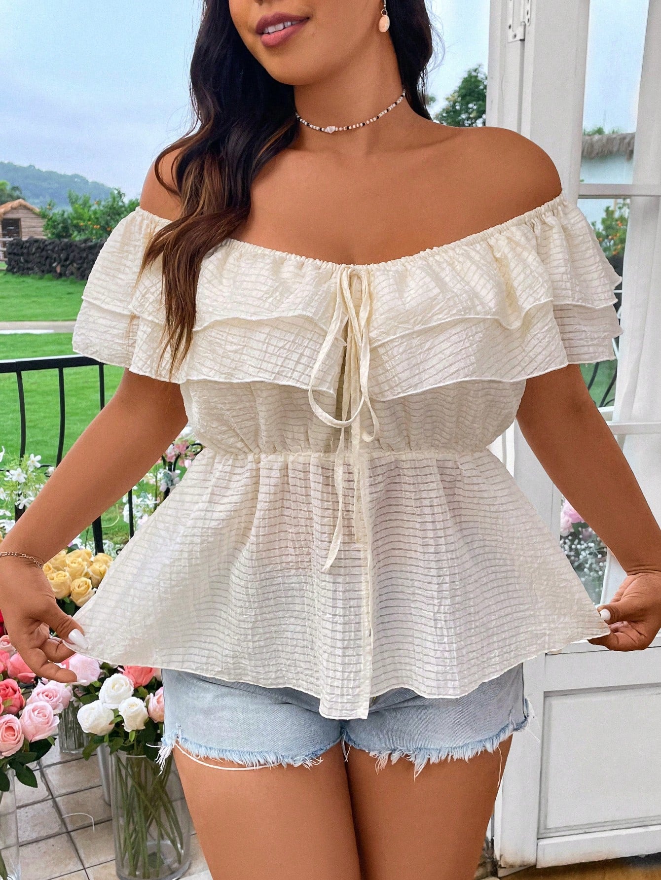 Plus Size Summer Holiday Solid Textured Shirt With Ruffled Waist