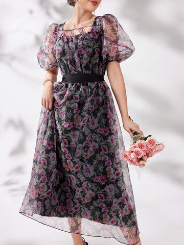 Women's Chiffon Puff Sleeve Floral Print Design Dress