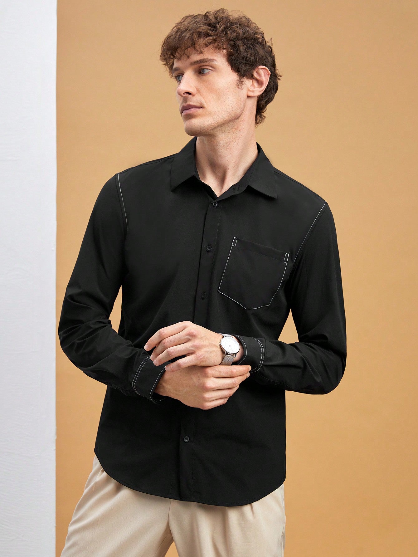 New Men's Casual Fitted Woven Long-Sleeved Shirt