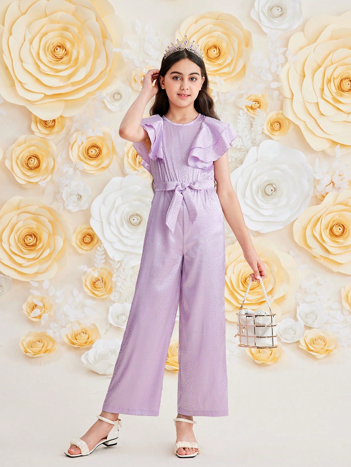 Tween Girl Elegant Solid Color Jacquard Ruffle Jumpsuit, Summer