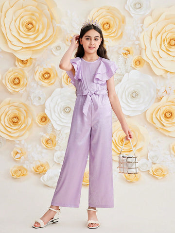 Tween Girl Elegant Solid Color Jacquard Ruffle Jumpsuit, Summer