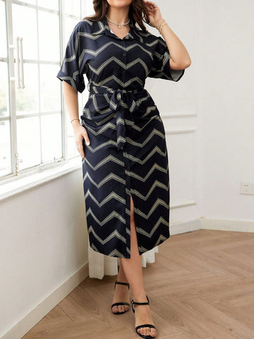 Plus Size Shirt Collar Belted Short Sleeve Midi Dress For Casual Spring & Summer