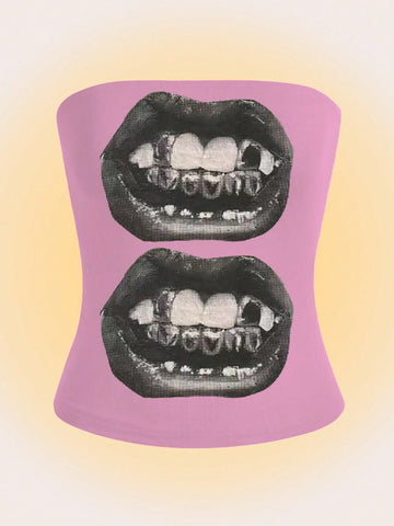 Pink Gothic Lips Printed Crop Top For Women, Summer Streetwear