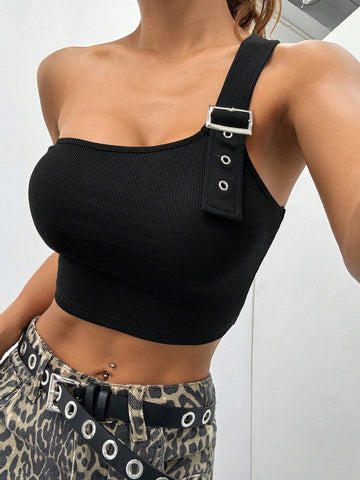 Ladies' Solid Asymmetrical Neckline Buckle Detail Crop Top For Summer Casual Wear