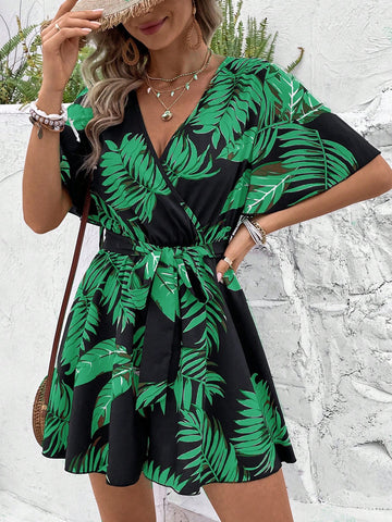 Women's Plant Printed Cinched Waist Jumpsuit For Vacation And Leisure