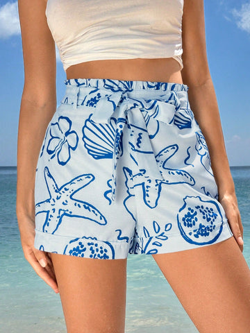 2024 Spring/Summer Beach Vacation Style Blue & White Floral Women's Shorts