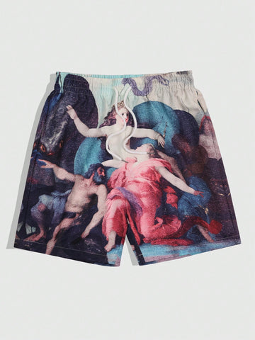 Men's Vintage Character Printed Drawstring Waist Shorts, Summer