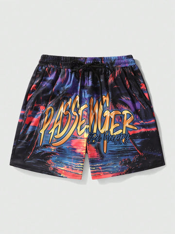 Men's Summer Beach Scenery Letter Print Shorts