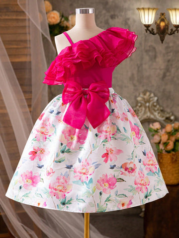 Tween Girl Casual Spring/Summer Solid Color Woven One Shoulder Top With Floral Print Skirt Set