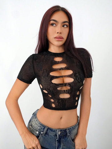 Round Neck Sexy Slim Fit Hollow Out Lace T-Shirt