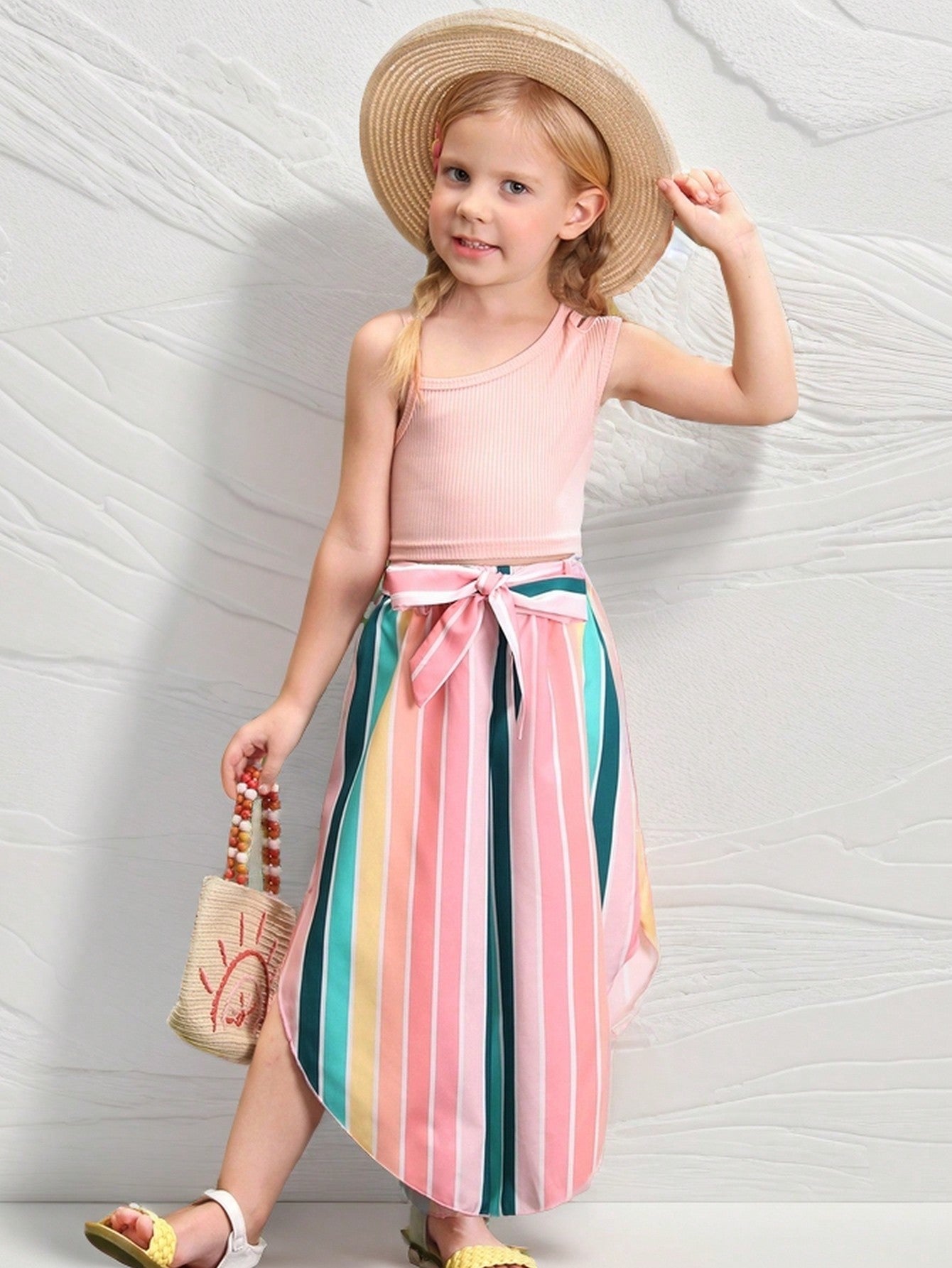 Young Girl Asymmetrical Neck Top & Block Striped Belted Pants