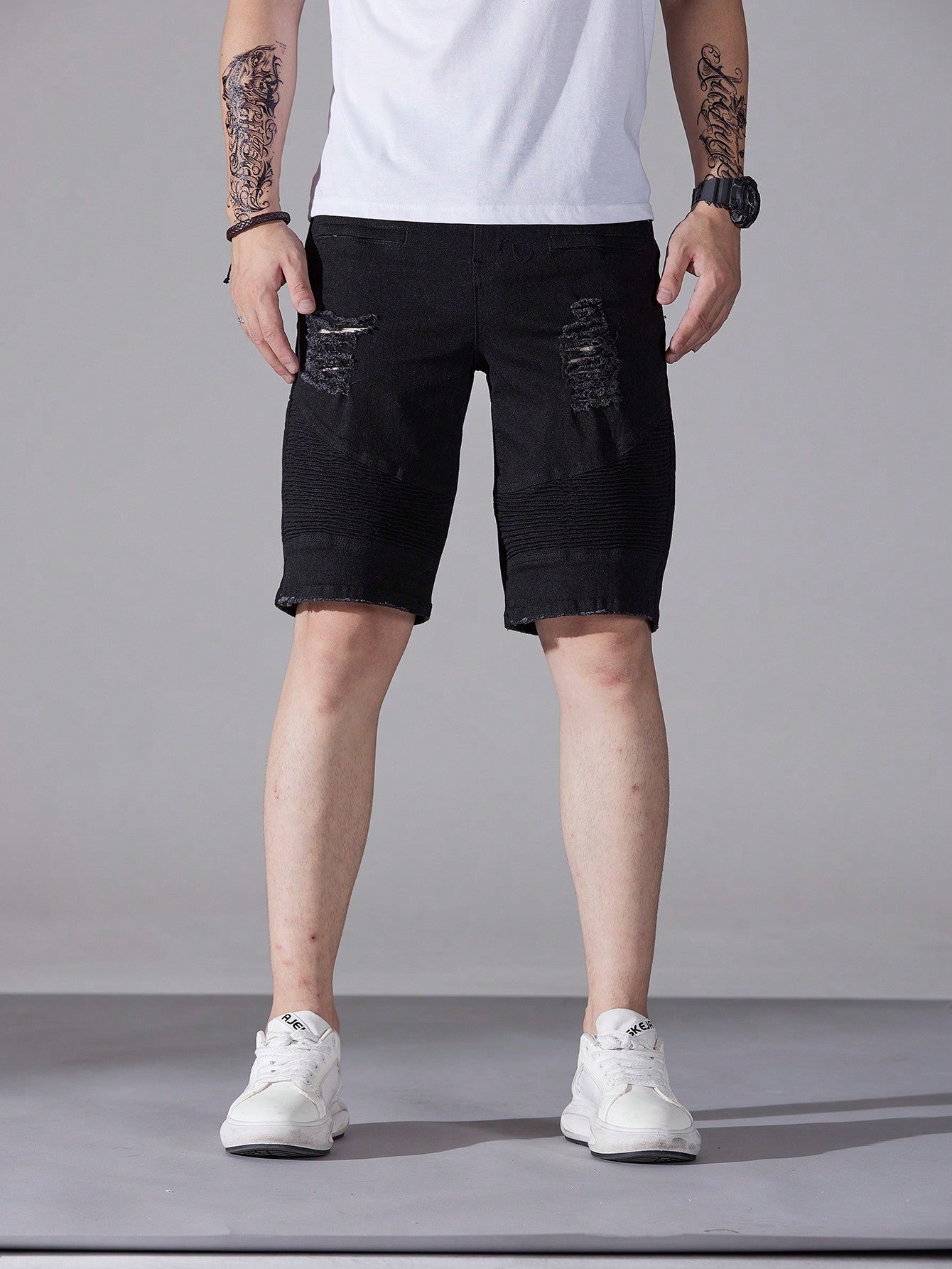 Men's Pocket Ripped Bermuda Denim Shorts, Casual & Loose-Fit