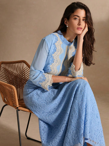 Women Blue Chiffon Lace 3/4 Sleeve Dress