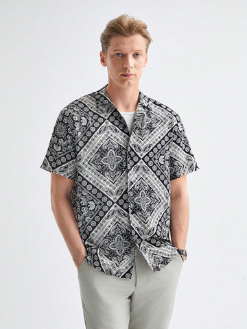 Men's Woven Short Sleeve Casual Shirt With Mandarin Collar