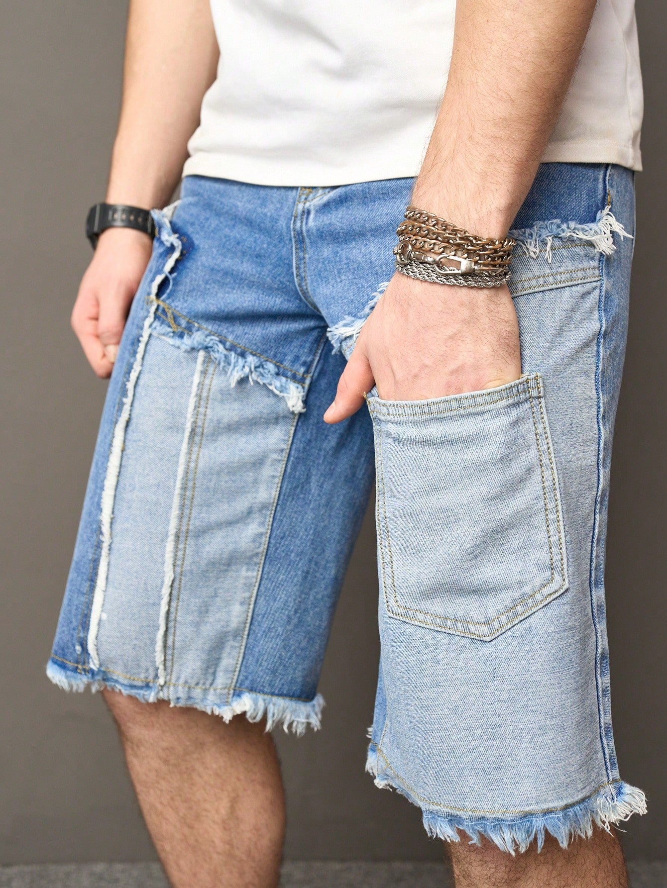 Men's Patchwork Frayed Hem Casual Denim Bermuda Shorts