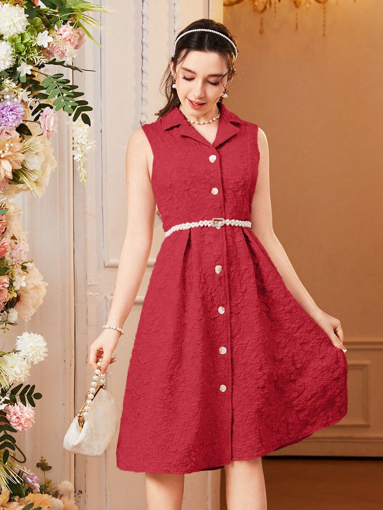 Teen Girl Floral Woven Sleeveless Casual Shirt Dress With Contrast Collar For Summer