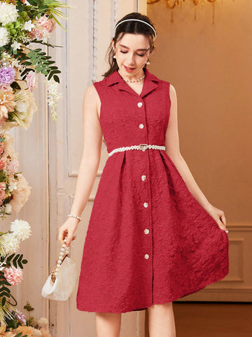 Teen Girl Floral Woven Sleeveless Casual Shirt Dress With Contrast Collar For Summer