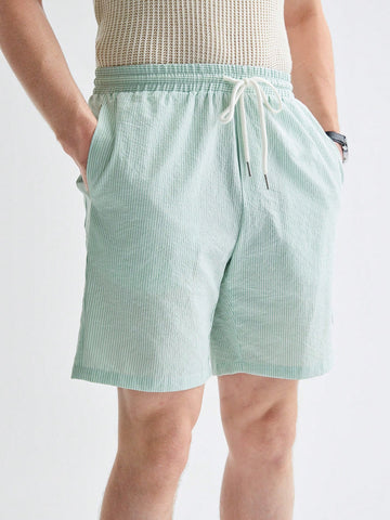 Men's Woven Striped Loose Fit Mid-Rise Waist Casual Straight Shorts, Suitable For Daily Wear, Spring And Summer