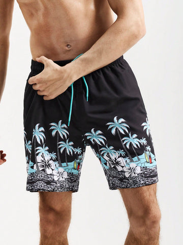 Men Palm Tree Printed Elastic Waistband Wide-Leg Beach Shorts For Vacation (Random Cut Print)