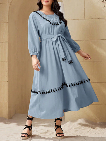 Plus Size Vacation Casual Lace Splice Tassel Decorated Lantern Sleeve Dress