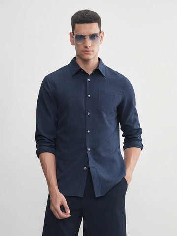 Easy Care Men's Woven Navy Blue Solid Color Slim Fit Long Sleeve Casual Shirt, Suitable For Spring And Summer Seasons