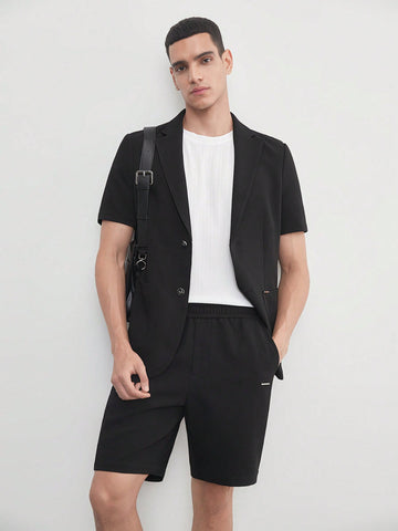 Easy Care 2pcs/Set Men's Old Money Style Black Woven Short-Sleeved Suit Jacket With Elastic Waist Straight Shorts Suit, Suitable For Summer