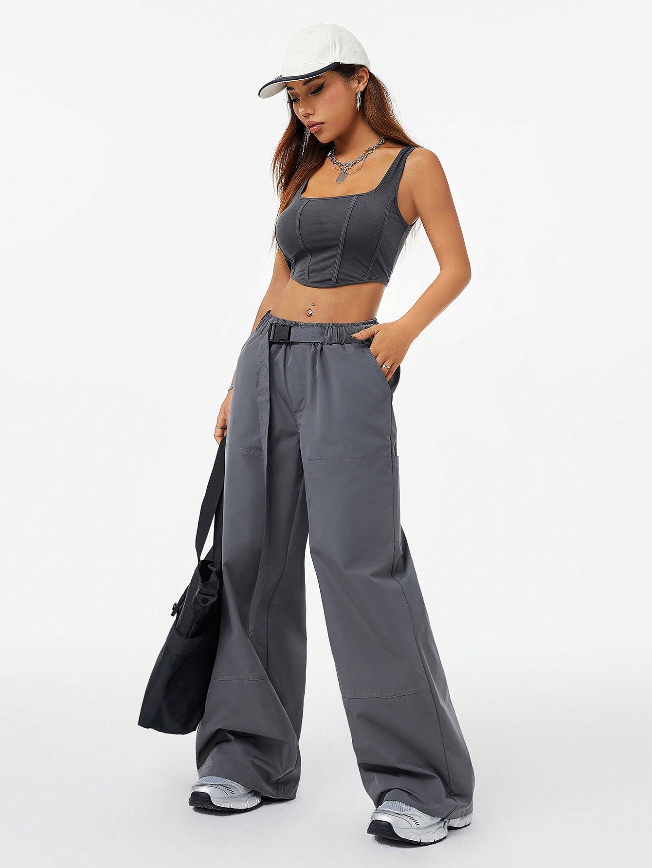 Streetwear Cool & Versatile Women's Bustier Tank Top & Low Waist Belted Cargo Pants 2 Piece Set