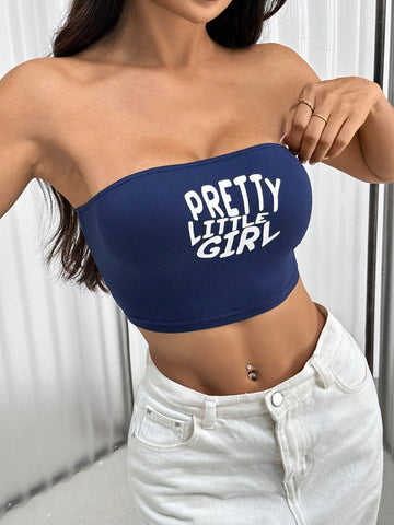 Women's Summer Slogan Printed Bustier Crop Top, Slim Fit