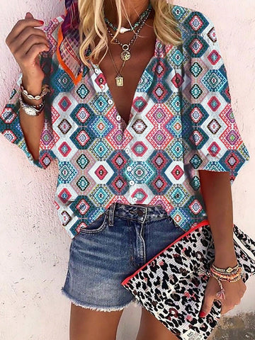 Women's Vacation V-Neck Open Front Loose Casual Shirt With Recurring Pattern