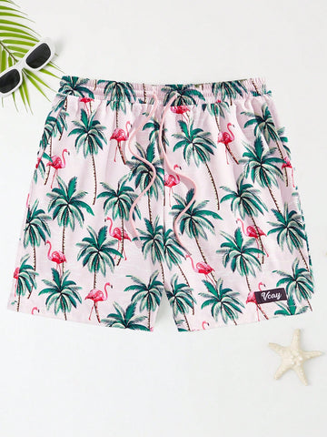 Men's Fashionable And Light-Weighted Summer Vacation Flamingo, Plants And Floral Prints, Casual And Breathable, Woven Hawaiian Shorts For Beachwear