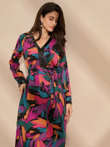 Women's Vacation Style Colorful Printed Long Sleeve V-Neck Dress