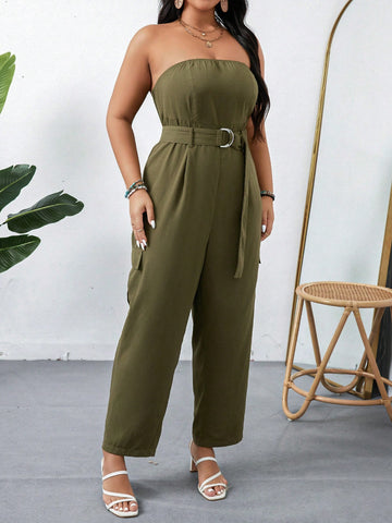 Plus Size Women's Solid Color Strapless Jumpsuit For Summer