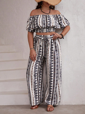 Plus Size Off-Shoulder Puff Sleeve Top And Wide Leg Pants Two-Piece Set, Vintage Pattern