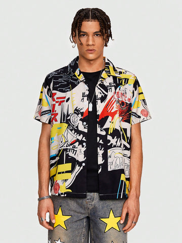 Men's Color Block Flame Printed Short Sleeve Shirt For Spring And Summer