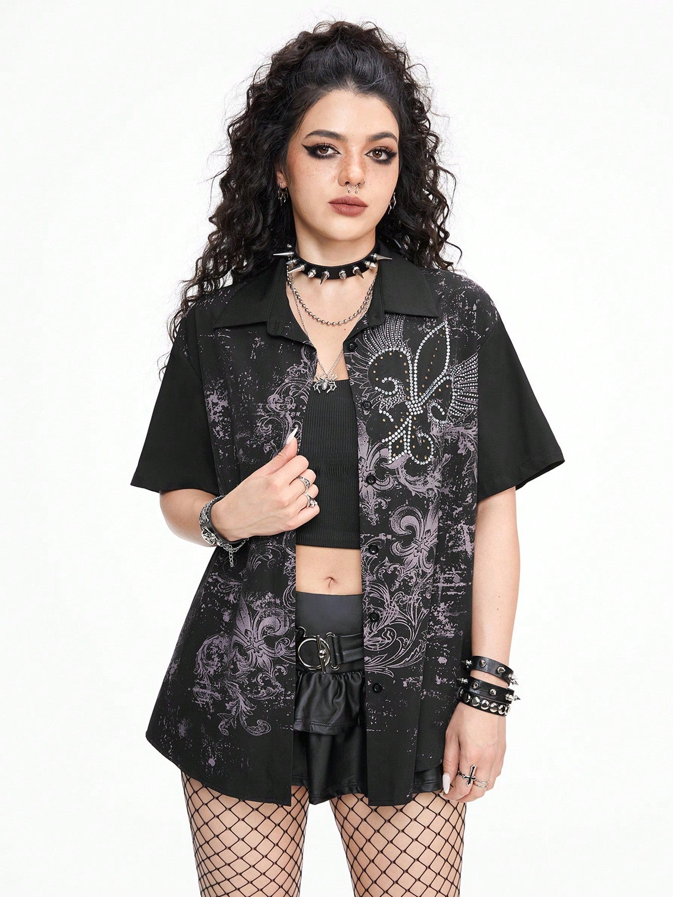 Cross Rhinestone Digital Print Short Sleeve Shirt