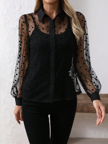 Solid Color Turn-Down Collar Mesh Splice See-Through Sexy Long Sleeve Shirt