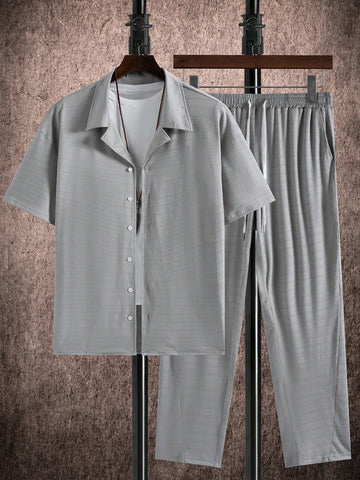 Men's Plus Size Solid Color Short Sleeve Shirt And Long Pants Casual Summer Outfit