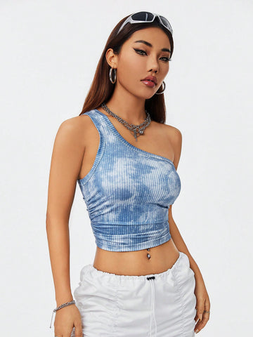 Cool Street Style Tie-Dye Texture Printed Ruched One Shoulder Top For Women