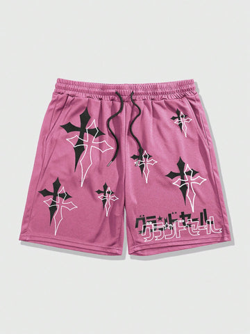 Men's Cross & Letter Printed Drawstring Waist Shorts For Summer