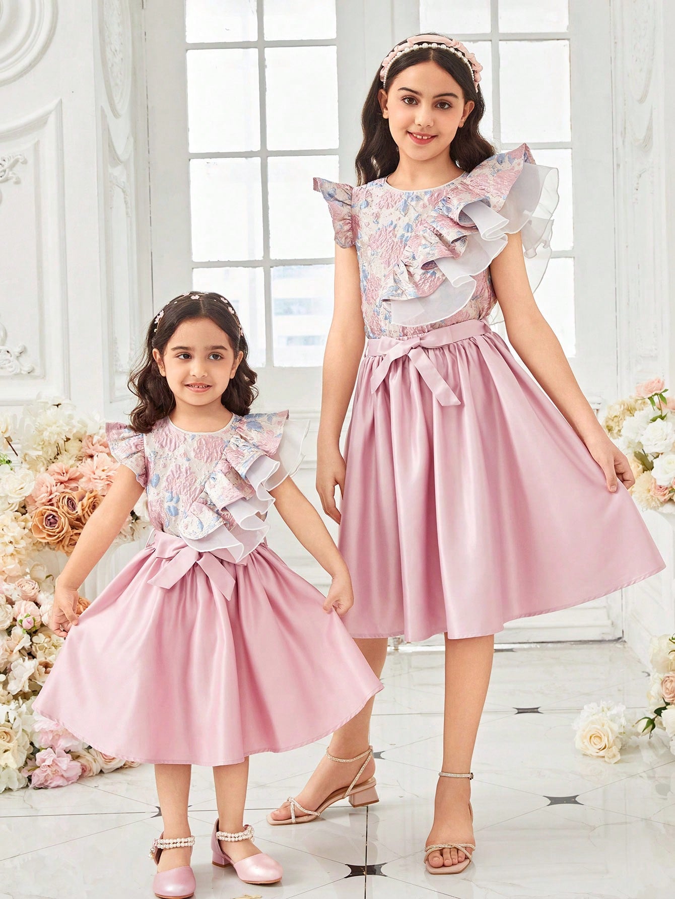 Tween Girl Cute Round Neck Lotus Edge Cap Sleeve Shirt And Skirt Set