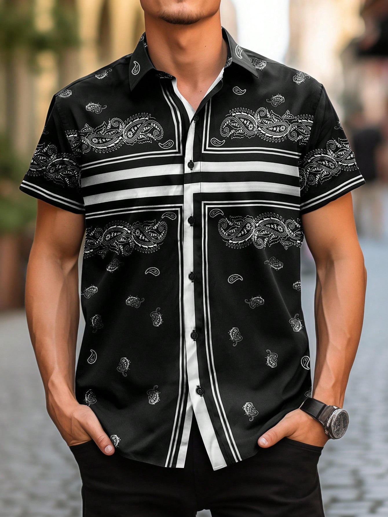 Men's Striped Paisley Printed Short Sleeve Casual Shirt, Summer Holiday Resort Wear