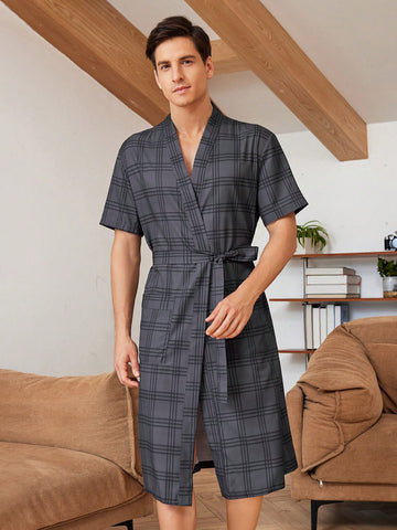 Men's Plaid & Printed Casual Short Sleeve Homewear With Belt