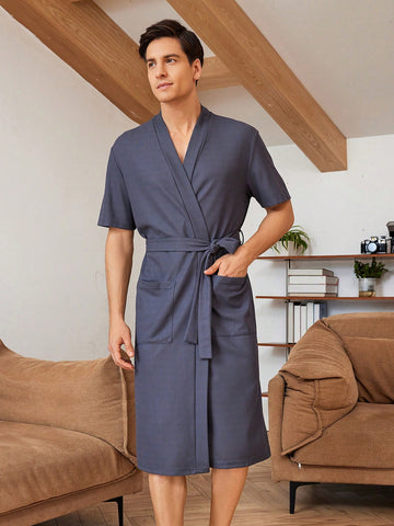 Men's Solid Color Short Sleeve Home Robe With Pockets