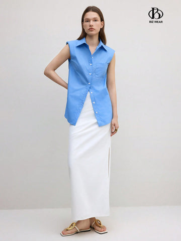 Women's Solid Color Front Button Sleeveless Shirt