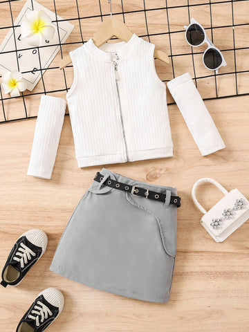 Young Girl Short Sleeve T-Shirt + Slim A-Line Skirt Two Piece Set